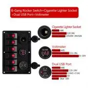 6 kapcsolós panel, hajó, led voltméter, szivargyujtó, USB, Piros