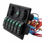 GREEN LED 6 Gang Rocker Switch Panel Circuit Breaker Voltmeter Car Marine Boat