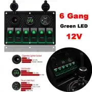 GREEN LED 6 Gang Rocker Switch Panel Circuit Breaker Voltmeter Car Marine Boat