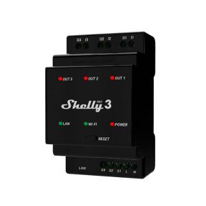 Shelly PRO 3 - három áramkörös WiFi + Ethernet okosrelé, kapcsolóbemenettel, DIN-sínre szerelhető